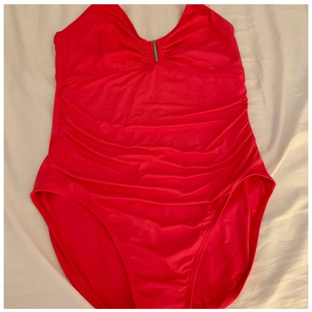 Calvin Klein Atomic PINK halter shirred slimming swimsuit size 14 NWT! MSRP $118 - Picture 3 of 11